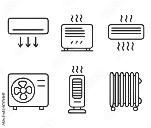 Collection of home heating and cooling icons: air conditioners, radiators, fans