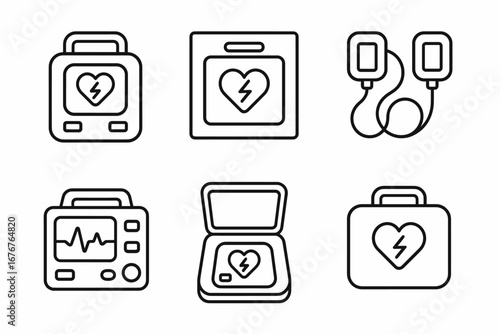 Set of medical device icons featuring heart monitors and defibrillators