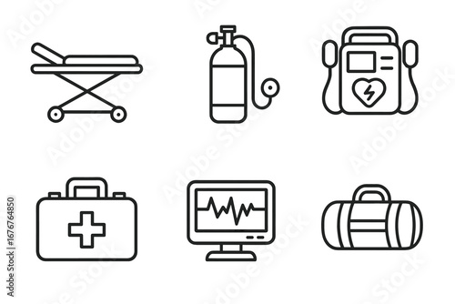 Outline icons of medical equipment including stretcher, oxygen tank, defibrillator