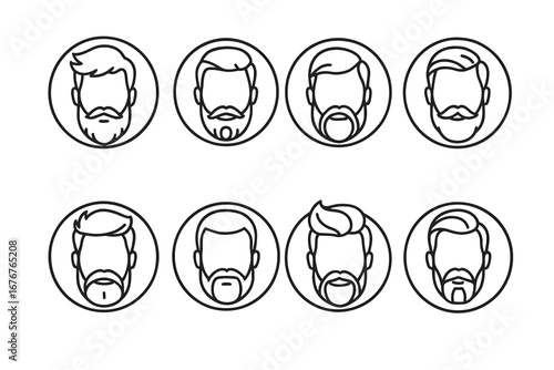 Set of eight male avatar icons with various beards and hairstyles