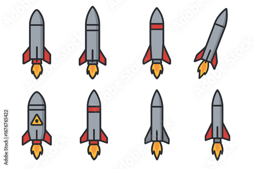 Set of eight rocket icons in various positions with red and yellow details