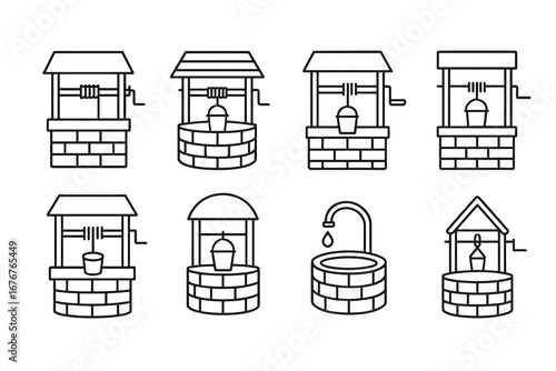 Collection of line art water wells with buckets and pumps for design inspiration