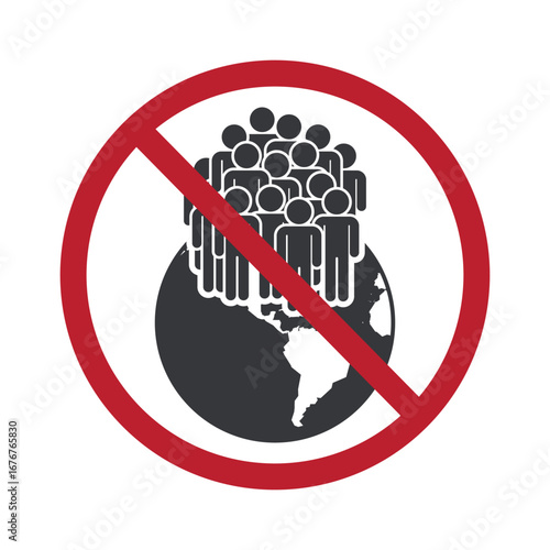 Isolated pictogram icon showing prohibition sign of human overpopulation on Earth, symbol for environmental issues, sustainability, limited resources, ecological balance, and global awareness.