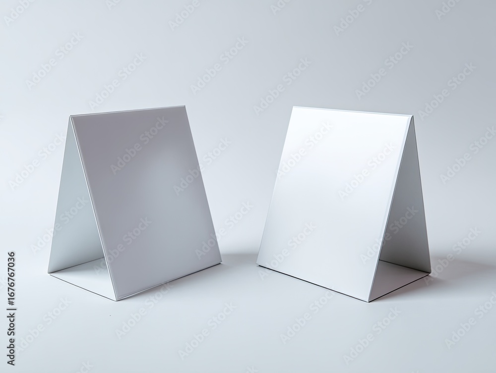 Naklejka premium Two blank white triangular table tents stand apart