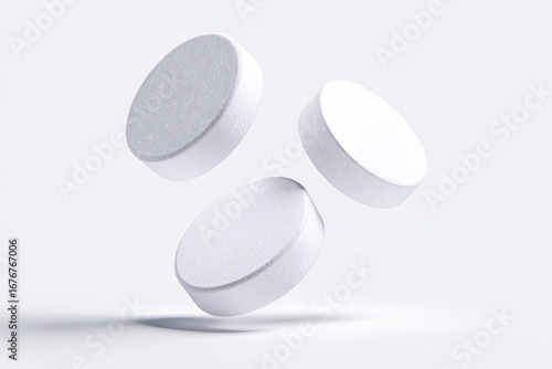 Three levitating, round, white pills on a plain white background