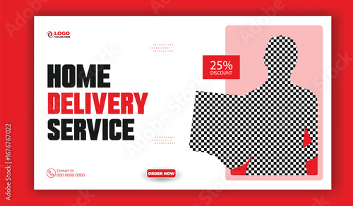 Smiling delivery man holding a package for home delivery service with 20 percent off discount offer