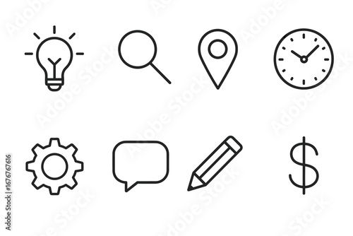 Minimalist icons: light bulb, magnifying glass, location, clock, gear, speech bubble, pencil, dollar sign