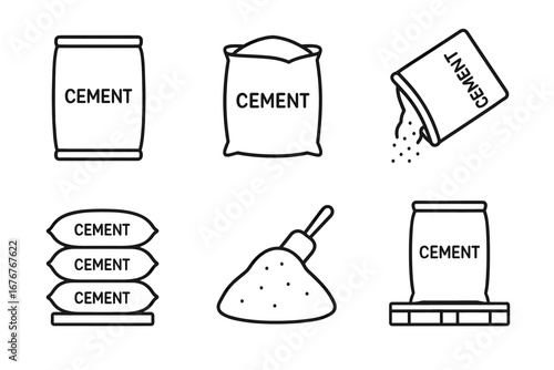 Outline icons of cement bags and powder in various forms for construction