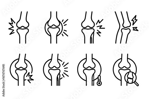 Set of eight arthritis icon illustrations depicting joint pain and inflammation symptoms
