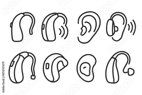 Hearing aids and ear sketch: various styles and designs