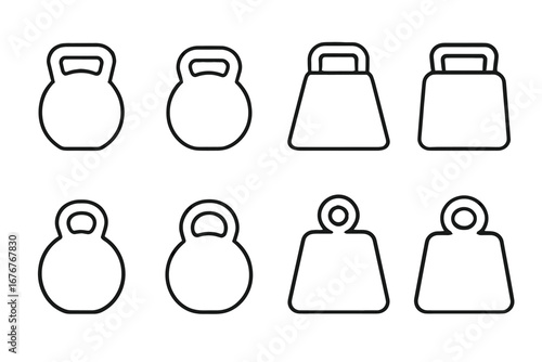 Set of eight kettlebell and dumbbell outline icons for fitness design