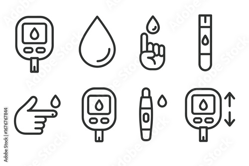 Blood glucose monitoring icons: glucometer, drop, finger, test strip
