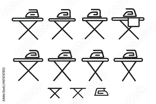 Set of iron and ironing board line icons in various arrangements