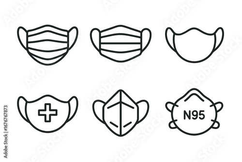 Line art of various protective face masks including surgical and n95 styles