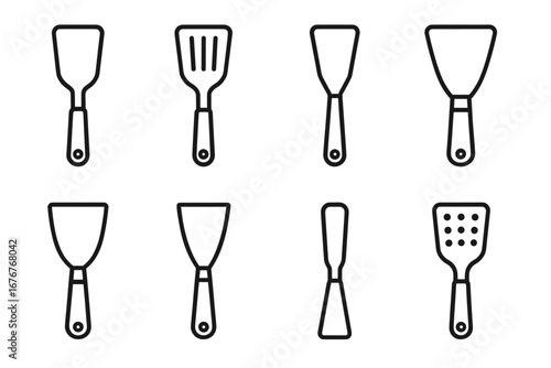 Set of eight varied spatula designs in black and white outline
