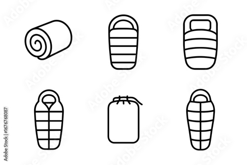Collection of minimalist sleeping bag icons in various styles and shapes