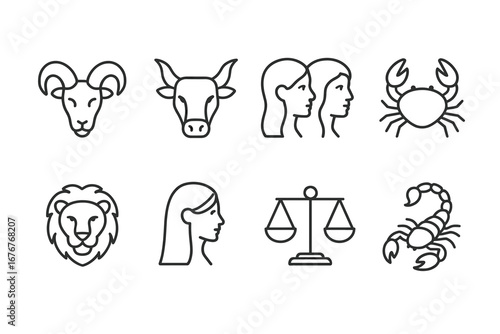 Zodiac symbols: aries taurus gemini cancer leo libra scorpio icons