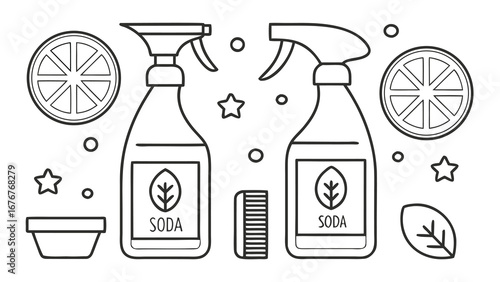 Eco friendly cleaning products with spray bottles citrus and natural ingredients illustration