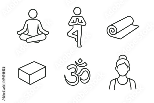 Yoga icons: meditation, poses, mat, block, om symbol, female yogi outline