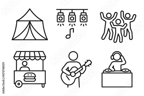 Festival line icons: music, dance, food, and entertainment symbols