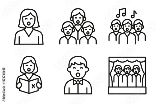 Choir singing icons: diverse group and solo performers in music symbols