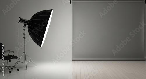 Photography studio with grey backdrop and lighting equipment