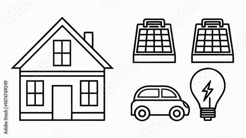 Eco friendly house with solar panels electric car and light bulb illustration