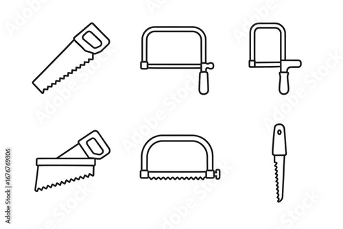 Outline illustrations of various hand saws and hacksaws for diy projects