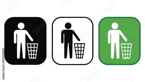 Waste disposal trash bin icon set with human figure illustration