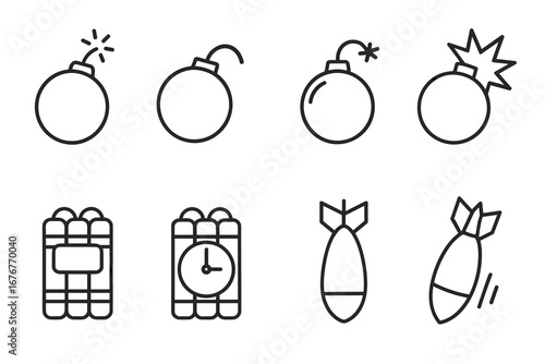 Collection of simple bomb and explosive line icons with different designs and variations