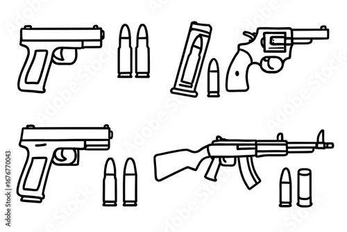 Illustration of various firearms and ammunition: glock, revolver, and rifle icon designs