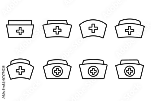 Set of nurse hat icons with cross symbols in line art style