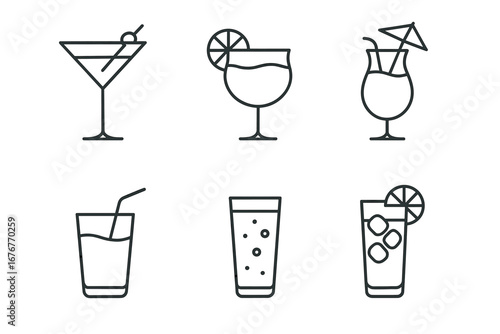 Outline icons of cocktails and beverages with garnishes and straws