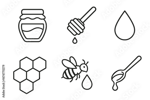 Honey jar, honey dipper, droplet, honeycomb, bee, spoon - line art icons set