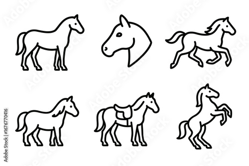 Set of horse illustrations featuring various poses in black and white line art