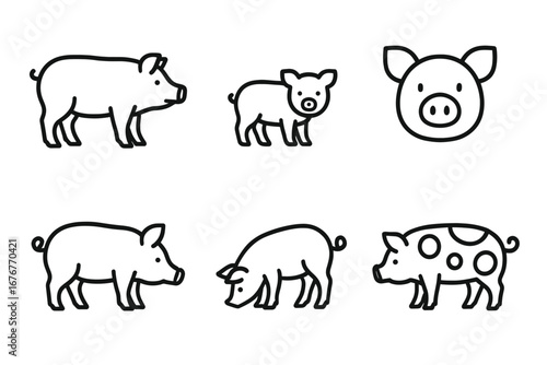 Set of simple pig icons: various poses and expressions in black outline