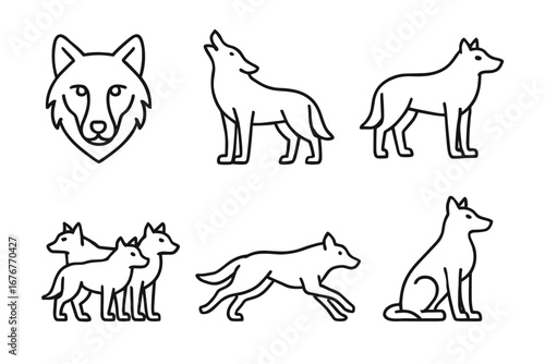 Wolf icon set: line art of howling, running, and sitting wolves