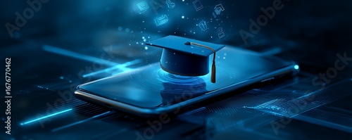 Futuristic graduation cap on a glowing smartphone with blue light beams