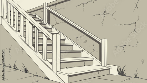 Illustration of outdoor staircase with wooden railing and cracked wall for architectural design and construction projects