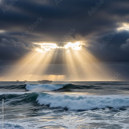 Golden sunbeams piercing through dark clouds over a stormy ocean.