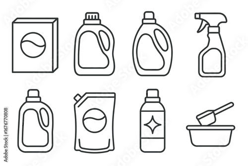 Set of various laundry detergents and cleaning supplies icons in line art style