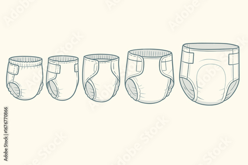 Set of child diapers in various sizes with adjustable tabs