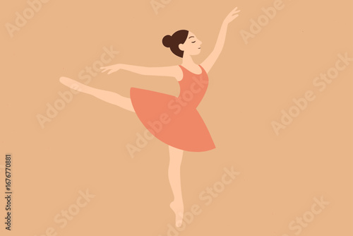 Illustrated female ballet dancer in red dress performing arabesque on beige background