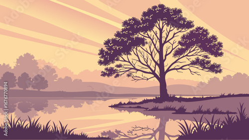 Beautiful landscape painting of tree by lake at sunset for nature lovers and art collectors alike