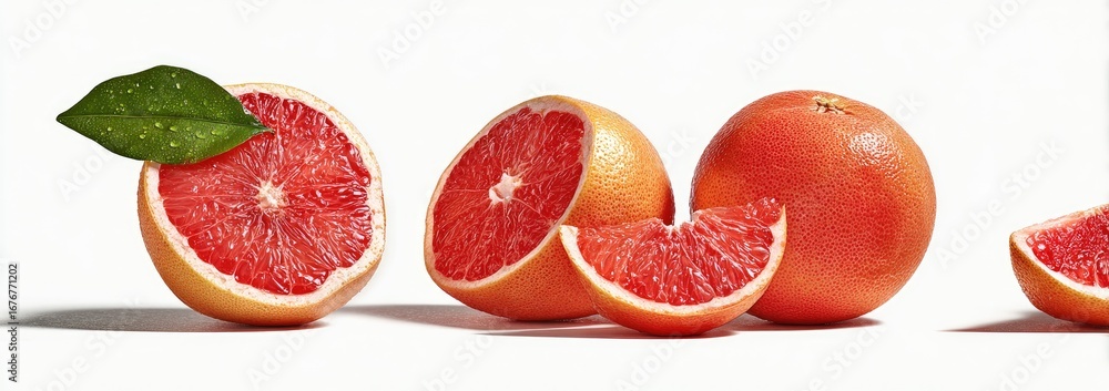Naklejka premium Fresh grapefruit slices and whole fruit against white background