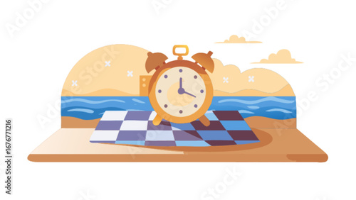 Alarm clock on beach picnic blanket time management summer vacation relaxation reminder schedule appointment 100