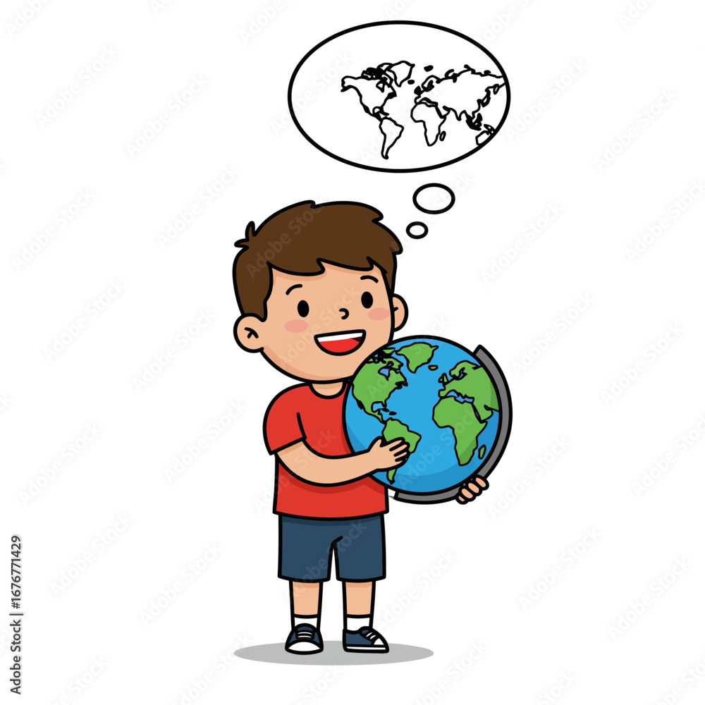 Fototapeta premium Happy cartoon boy holding a blue and green globe smiling with a world map thought bubble.