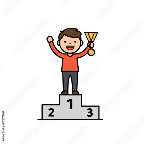 Happy cartoon boy champion with a gold medal celebrating on a first place winners podium.