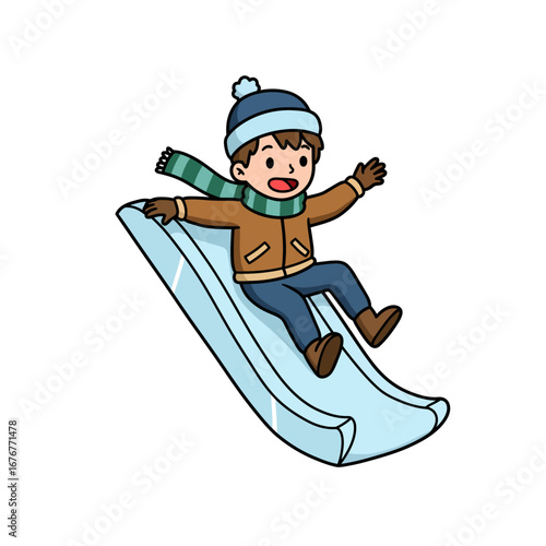 Happy cartoon boy in a blue beanie and striped scarf joyfully sledding on a toboggan.