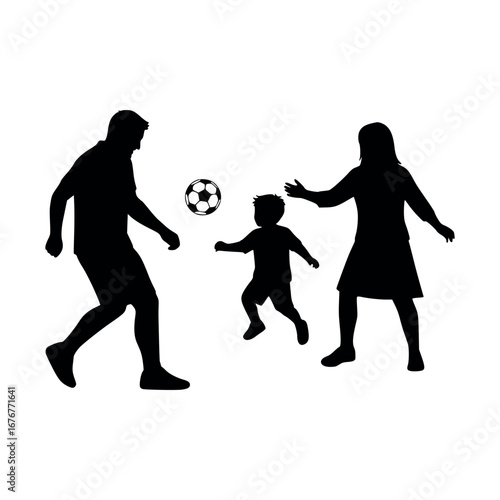 Vector art of silhouette of a family playing soccer on a, featuring a father, mother, and son enjoying a game together